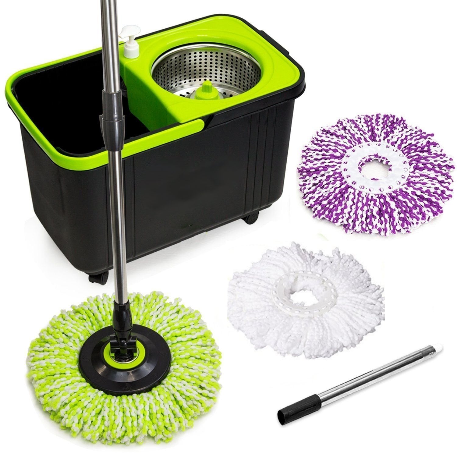 The Clean Store Black and Green Spin Mop with 3 Mop Heads, Washable  Microfiber, Aluminum Handle, Commercial/Residential